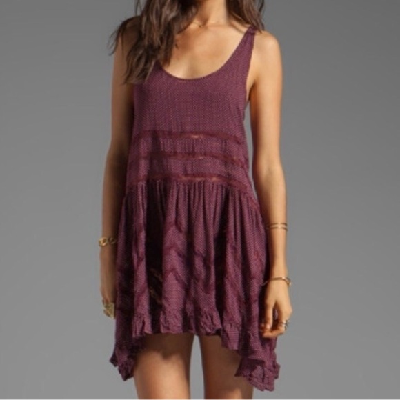 Free People Intimately Voile Trapeze Lace Ruffle Slip Dress in burgundy - Picture 1 of 7